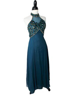 Vintage 90s Teal Silk Rayon Beaded Choker Maxi Gown Modern Size 4